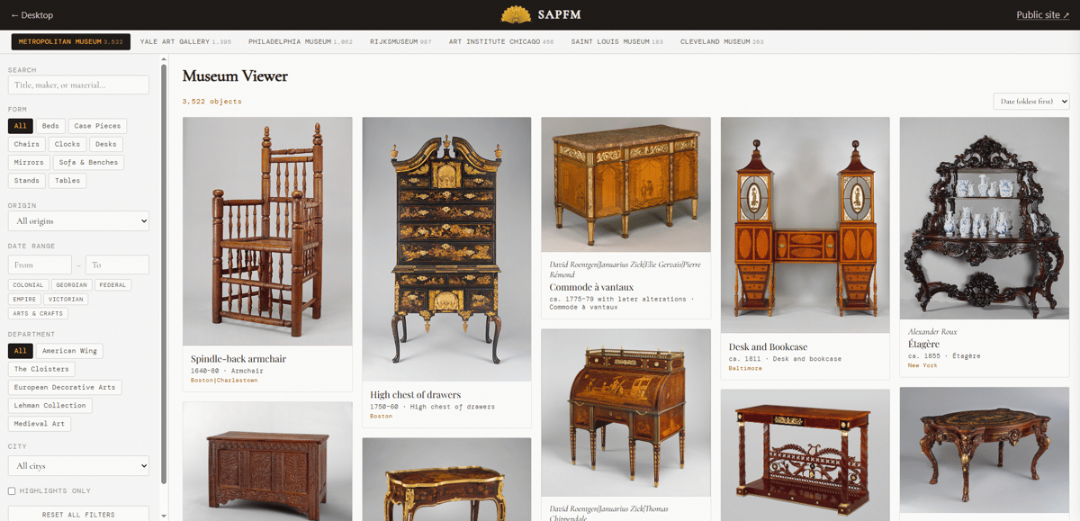 SAPFM museum viewer — American period furniture from seven collections